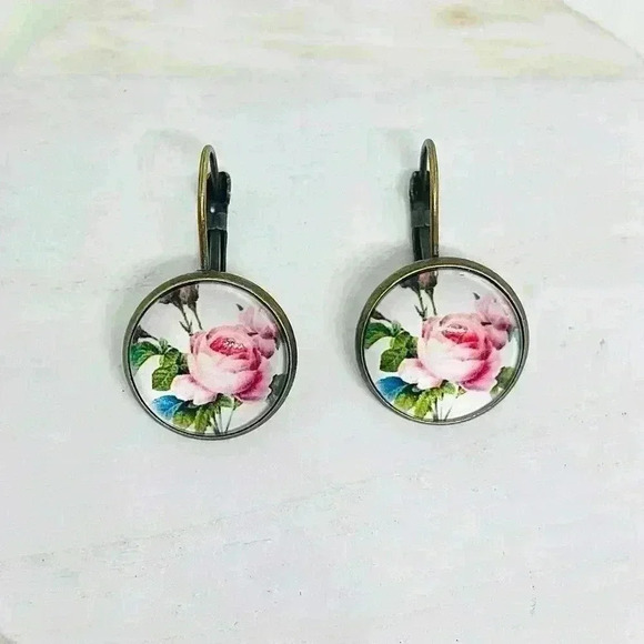 Vintage Feel Pink Roses Print Earrings - Picture 1 of 5